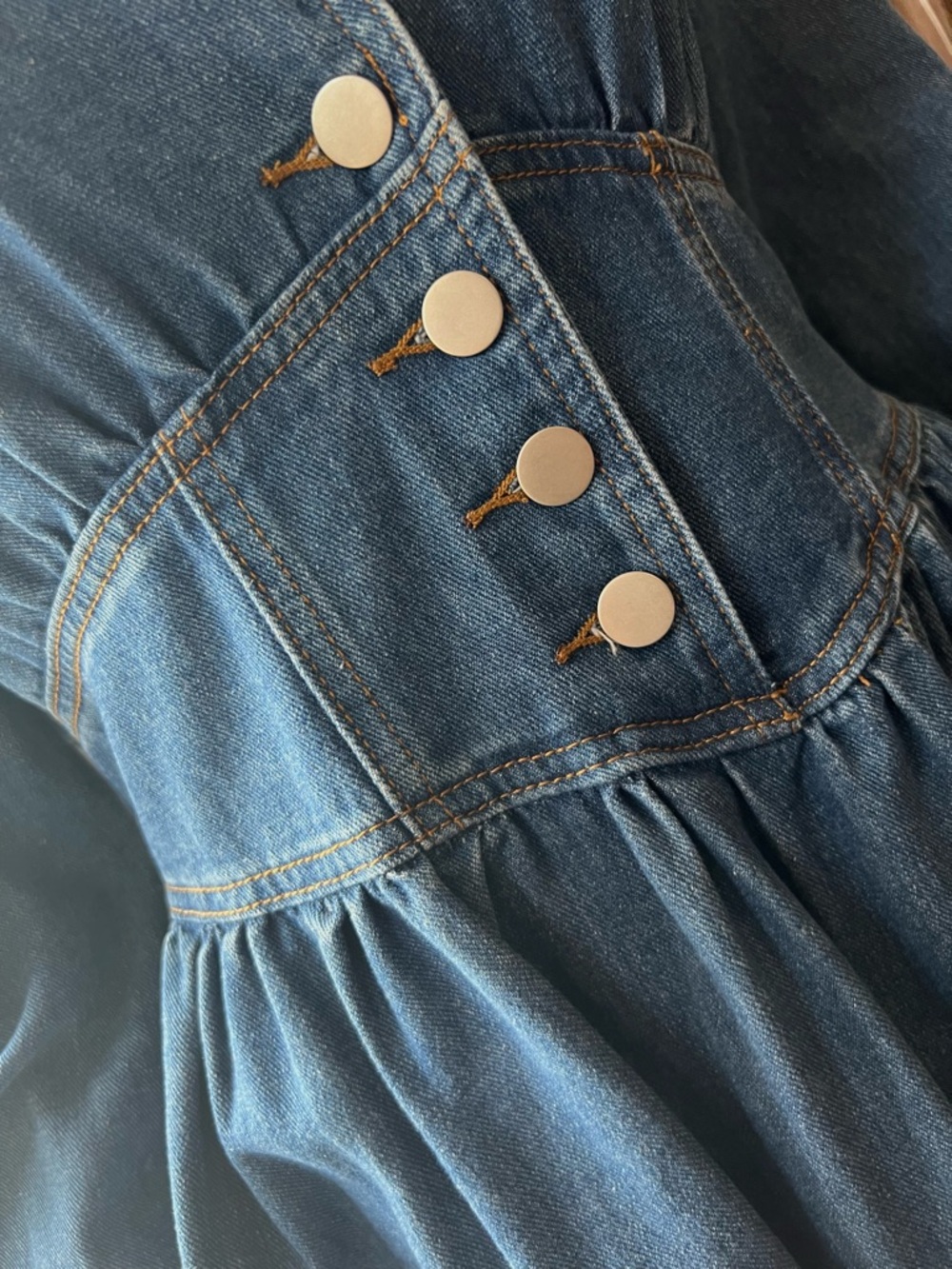 Dark Blue Denim Long-Sleeve Button-Corset Waist Open back A-line Dress - Picture 15 of 16